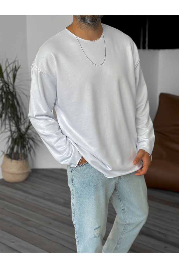 سويت شيرت أبيض أساسي بياقة متسخة BY-059 - 5