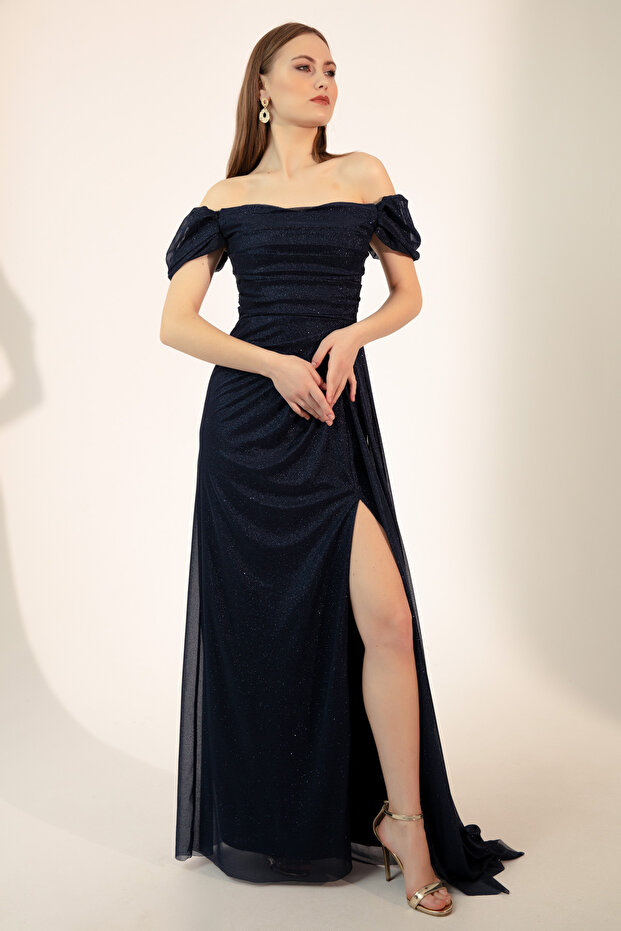 Damen-Abendkleid in Marineblau mit U-Boot-Ausschnitt, drapiertem Schlitz, langes Glitzer-Abendkleid - 3