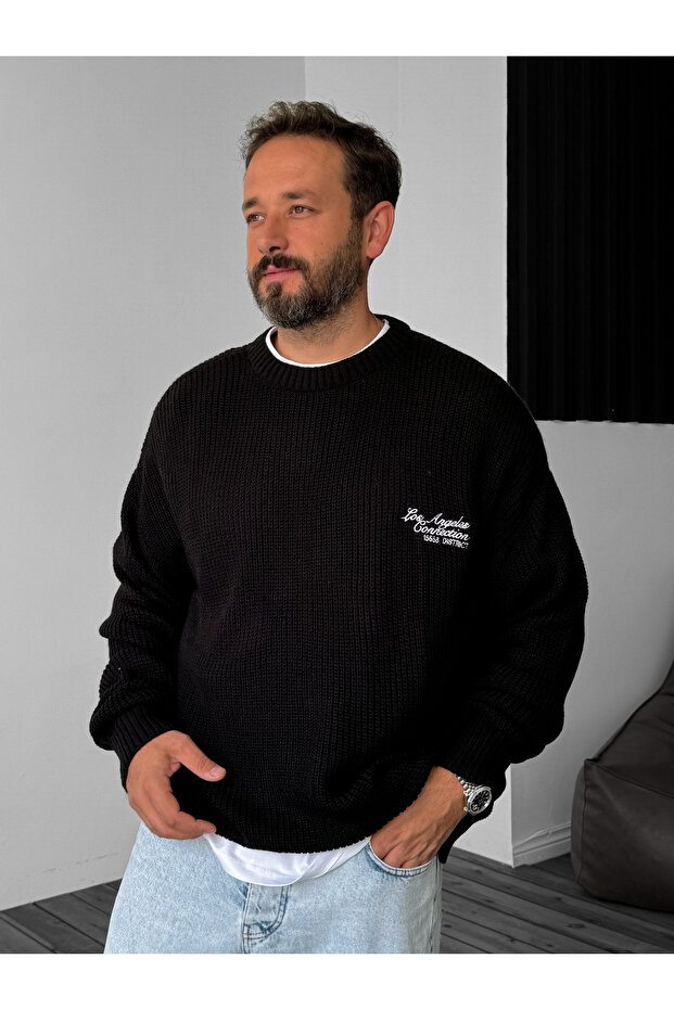 Siyah Los Angeles Nakışlı Örme Kazak PM-142 - 1