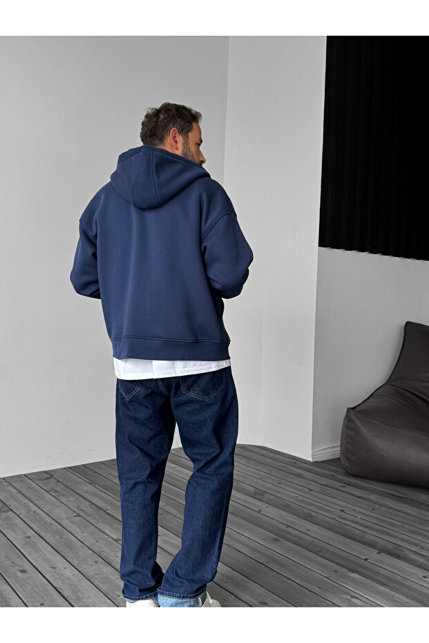 Lacivert Basic Fermuarlı Kapüşonlu Sweatshirt JJ-82 - 5
