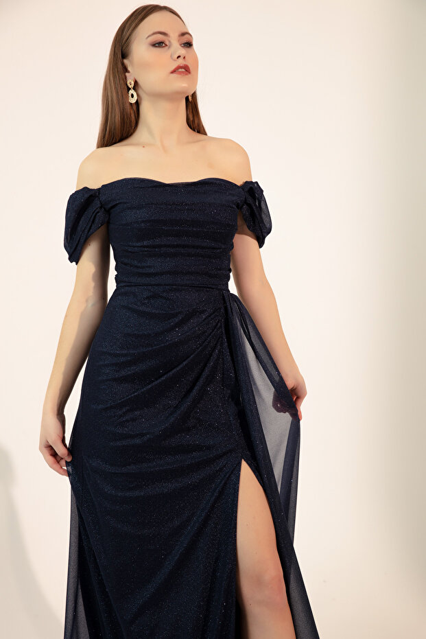 Damen-Abendkleid in Marineblau mit U-Boot-Ausschnitt, drapiertem Schlitz, langes Glitzer-Abendkleid - 2