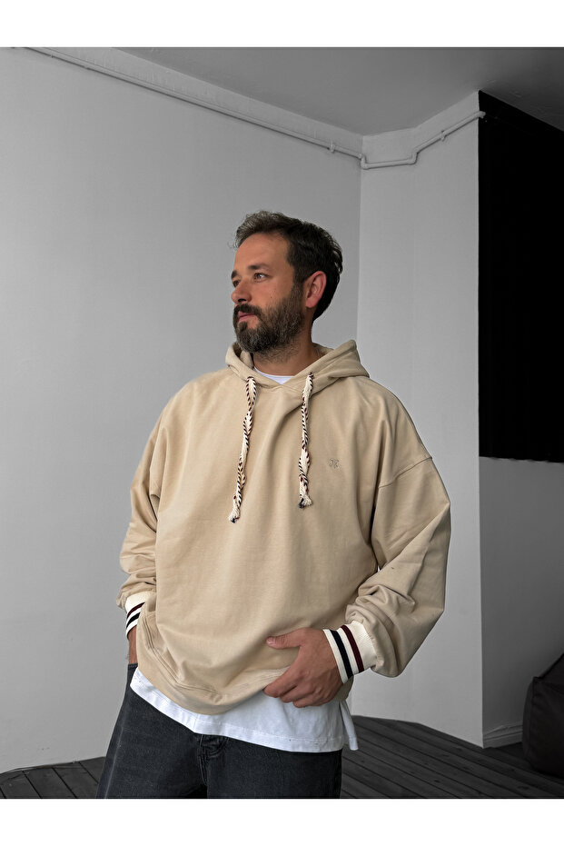 Bej Çizgi Ribanalı Kapüşonlu Sweatshirt JJ-38 - 4