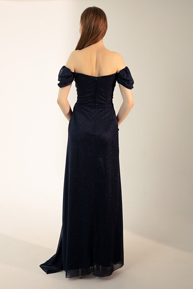 Damen-Abendkleid in Marineblau mit U-Boot-Ausschnitt, drapiertem Schlitz, langes Glitzer-Abendkleid - 5