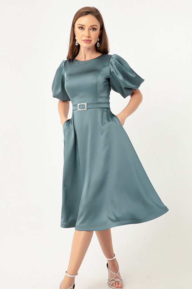 Women's Turquoise Balloon Sleeve Stone Belted Mini Satin Evening Dress