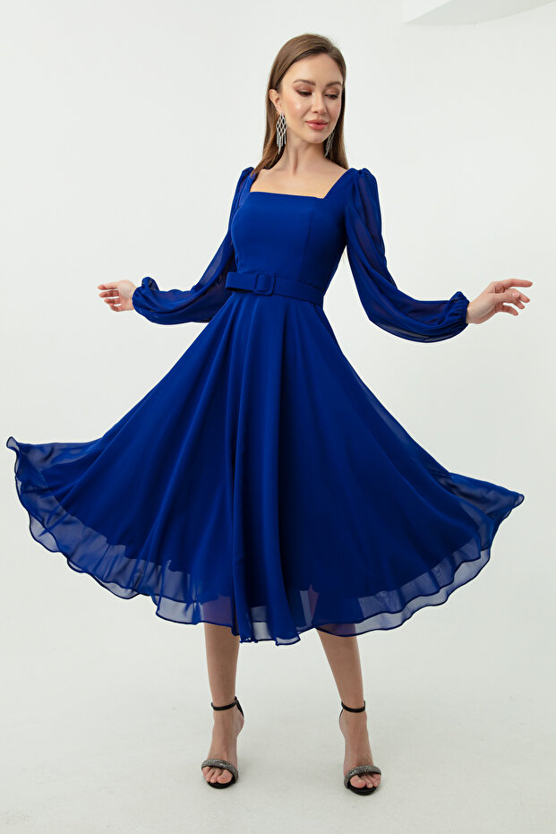 Women's Cobalt Blue Square Collar Belted Midi Chiffon Evening Dress
