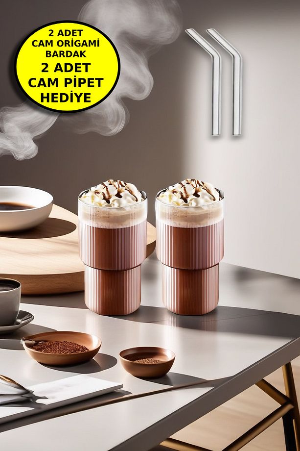 2'li Origami Cam Model Borosilikat Soğuk Kahve Kokteyl Meşrubat Bardak 300 Ml-2'li Cam Pipet Hediye - 1