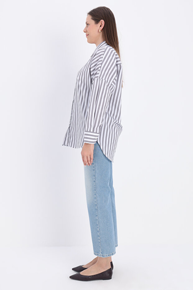 White-Grey Oversize Basic Shirt - 3