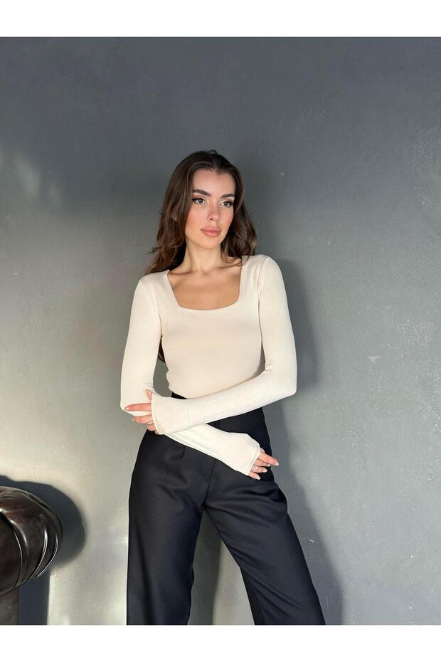 Kare Yaka Basic Bluz Bej - 4