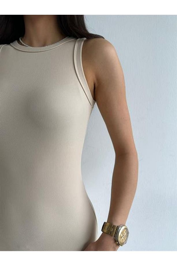 Fitilli Basic Elbise Bej - 3