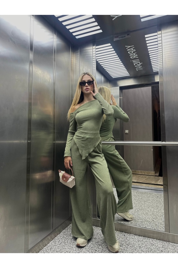 Khaki Asymmetrical Top and Bottom Set - 1