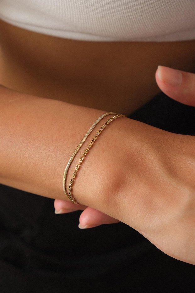 Steel Flumka Italian Chain 2-Piece Bracelet Non-Tarnish 17+6cm 2mm & 1mm Snail Combination Bracelet