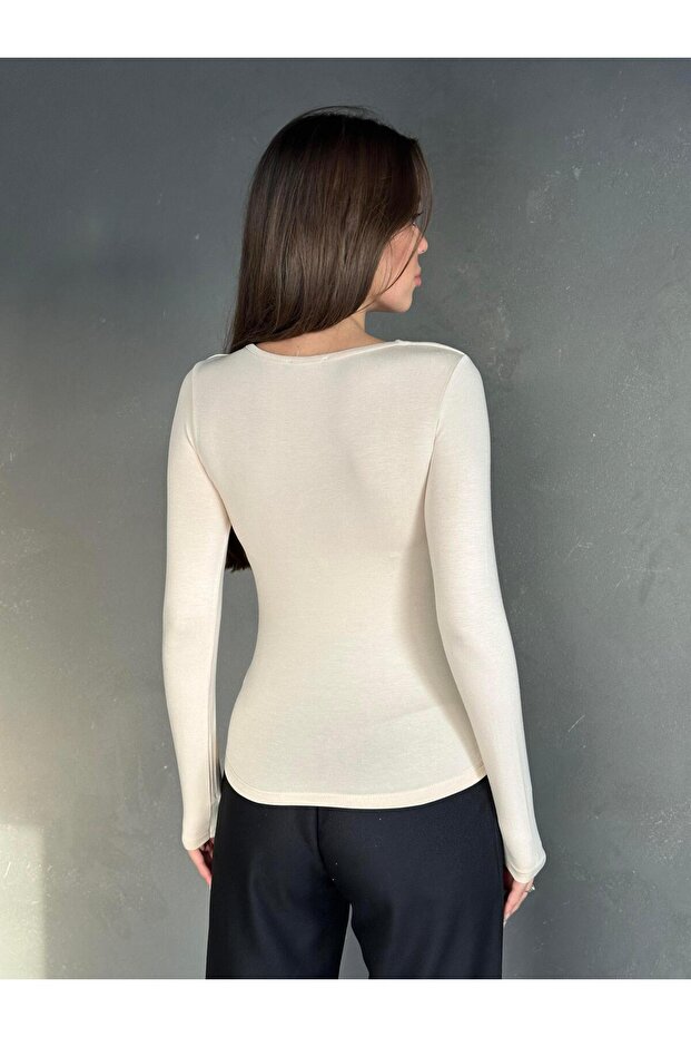 Kare Yaka Basic Bluz Bej - 2