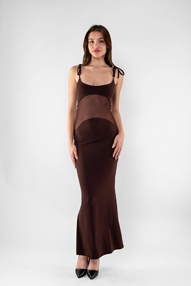 Long sandy brown dress with rope strap tulle belly detail