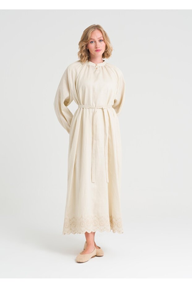 Nakışlı Keten Elbise - 5