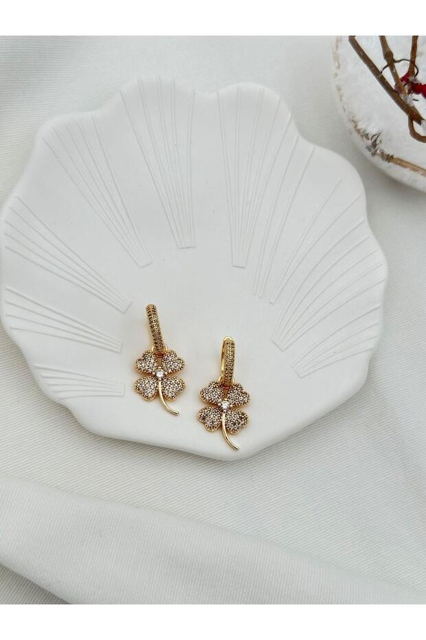 Gold Special Series Zircon Stone Detailed Clover Lucky Earrings Dangle Earrings