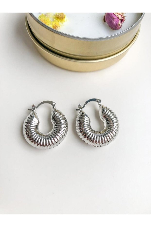 Thick Mussel Serrated Silver Hoop Earrings
