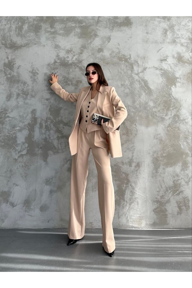 Jacket Vest Palazzo Pants Striped 3-Piece Suit