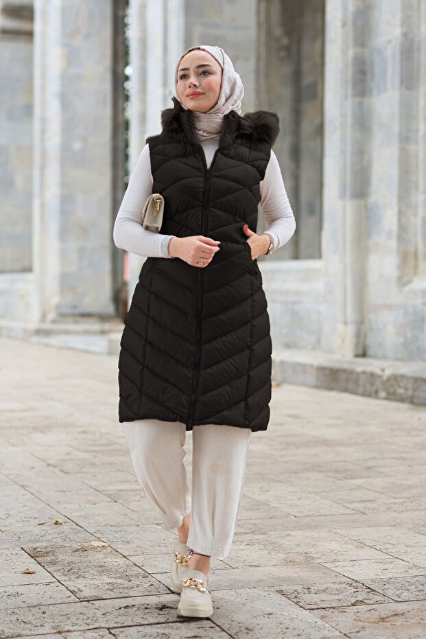 Women’s Hooded Puffer Vest, Black - Slim Fit
