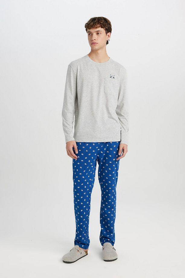 Pijama Takımı Bisiklet Yaka Uzun Kollu Basic Düz Üst Desenli Beli Lastikli Alt D0944ax24wn - 1