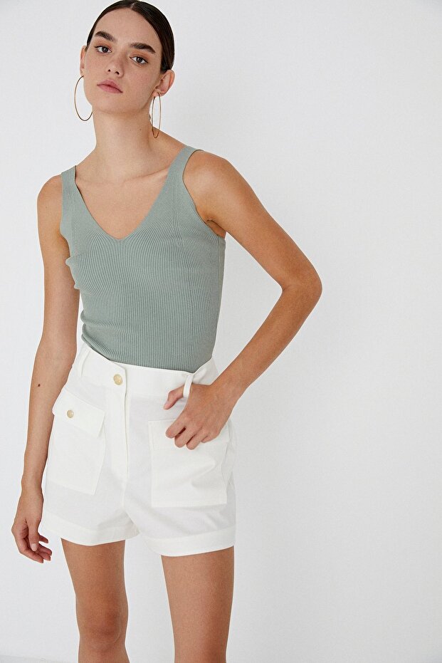 V Yaka Mint Triko Top - 2