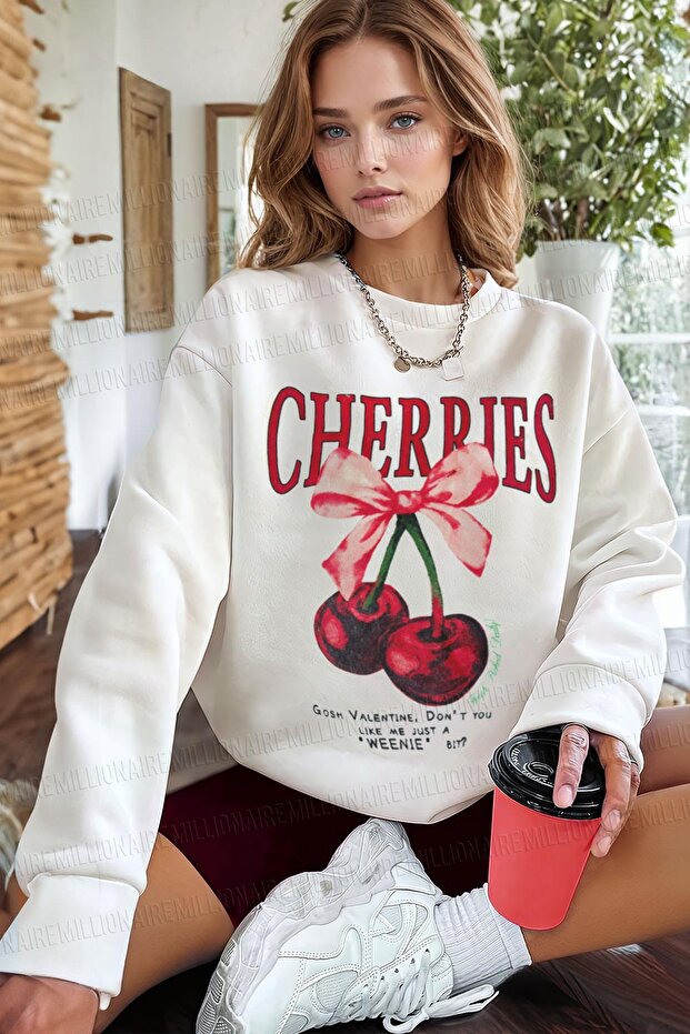 Women's White Cherries Printed 0 Zero Neck Oversize Loose Fit Fleece Sweatshirt