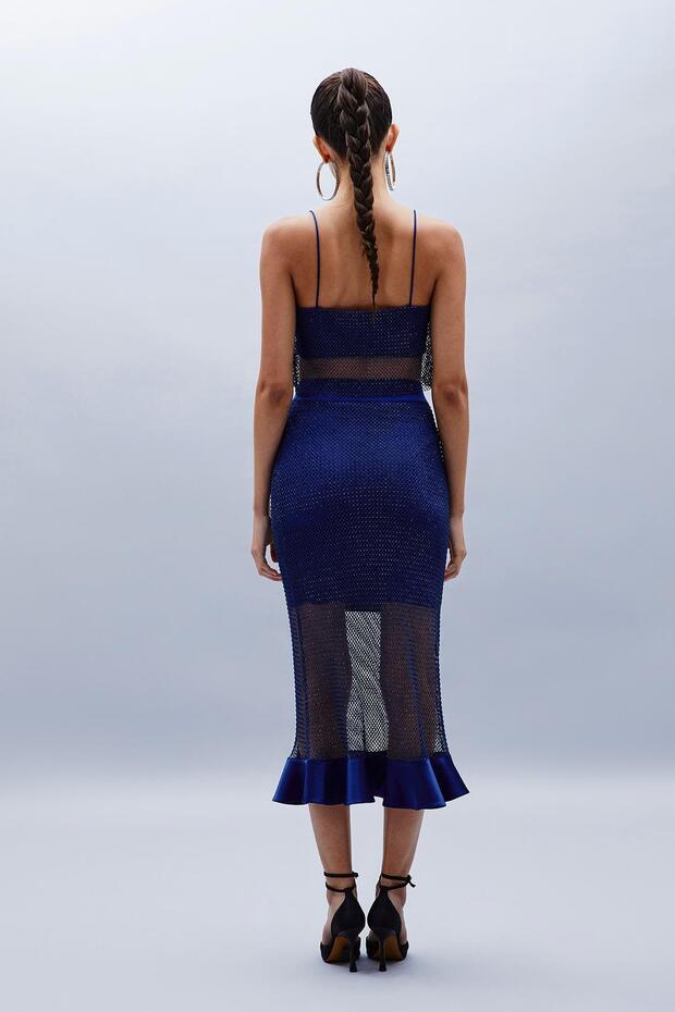 Parlak Taşlı İndigo File Crop Top - 4