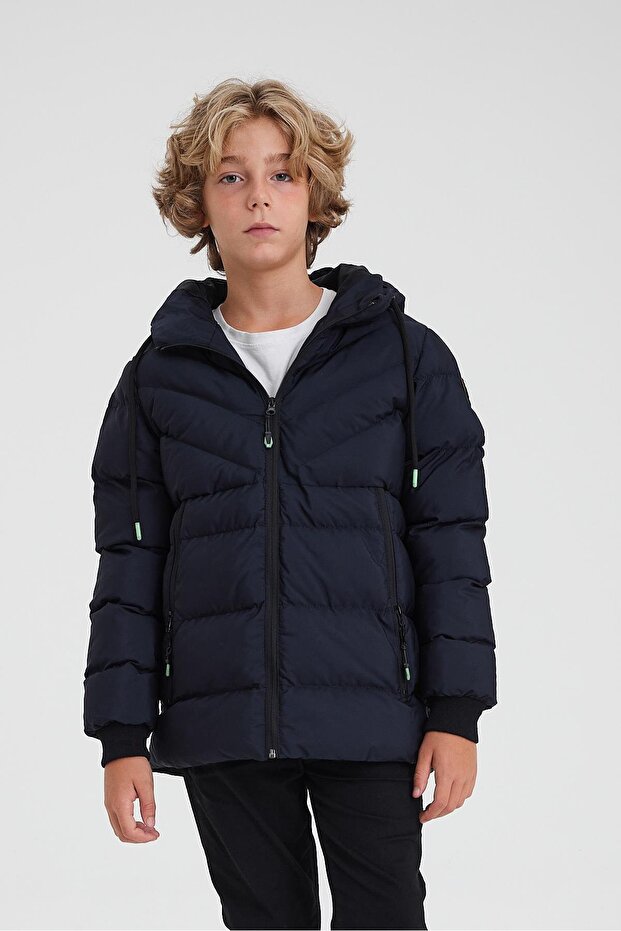 Dark Blue Boy's Water and Windproof Thick Fur-Lined Coat & Overcoat