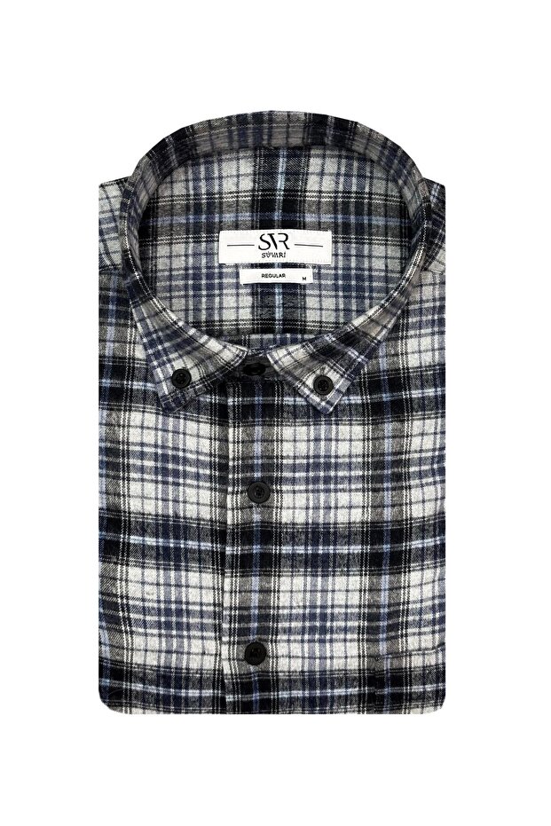White Plaid Flannel Winter Shirt with Horseman Loose Cut Pockets