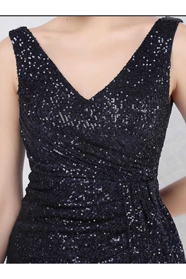 V YAKA YIRTMAÇLI MİNİ ELBİSE - 5