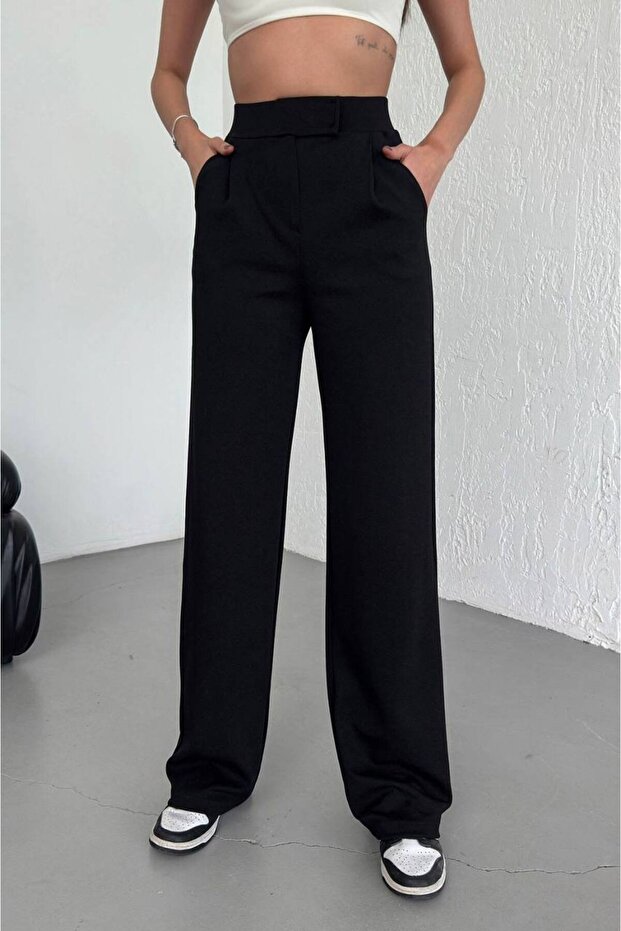 Women's Oversize Black High Waist Lycra Velcro Closure Palazzo Pants