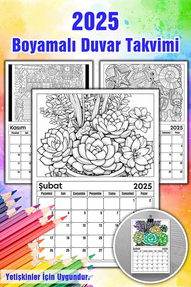 Yetişkin Boyamalı Duvar Takvimi | Kıskaçlı 32x45cm | DIY Kendin Yap | Takvim - 1