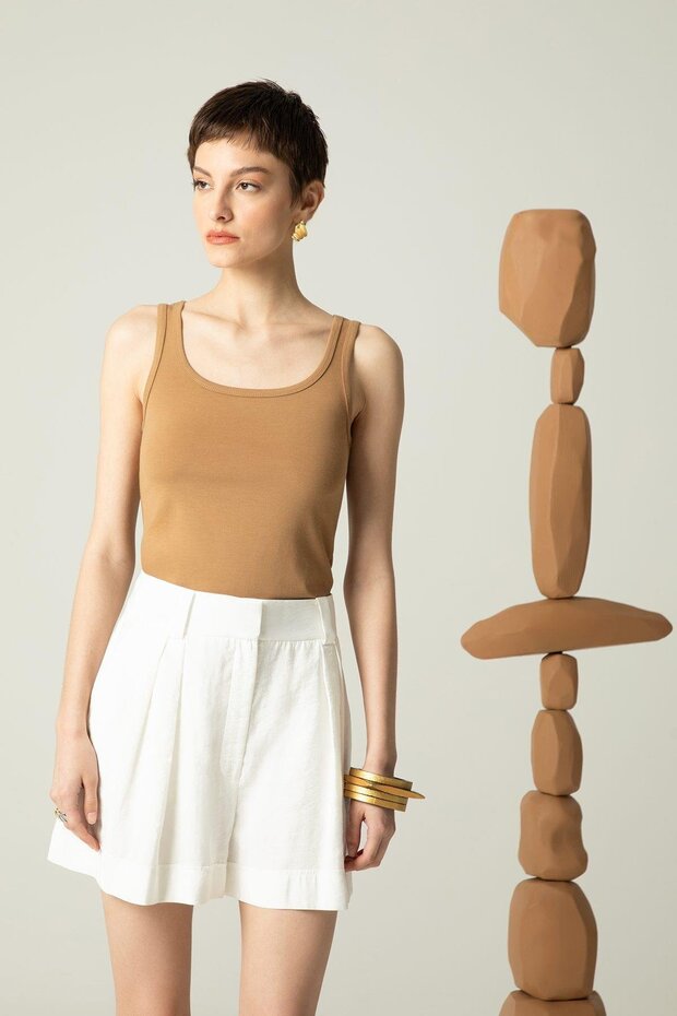 Askılı Kare Yaka Camel Bluz - 1