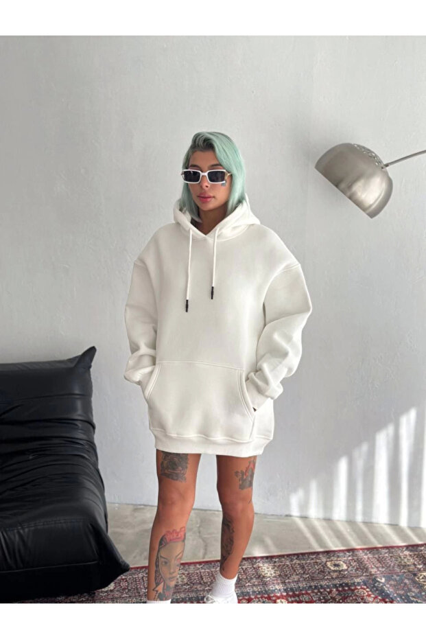 Tua Moda Hooded Three Thread Combed Basic Sweatshirt - White - 1