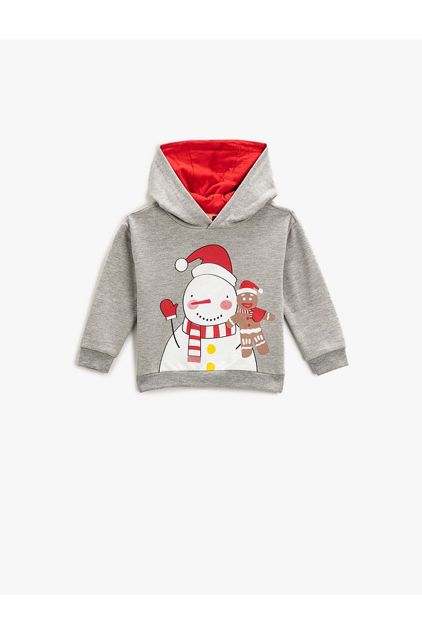 Kapşonlu Sweatshirt Kardan Adam Baskılı Uzun Kollu - 1