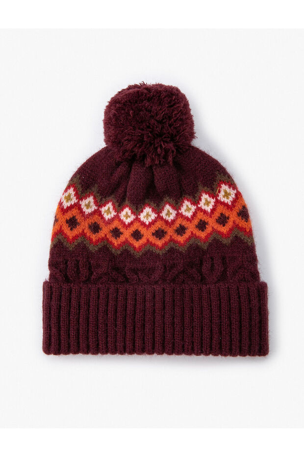 Patterned Knitted Beret with Layered Edges and Pompom Detail