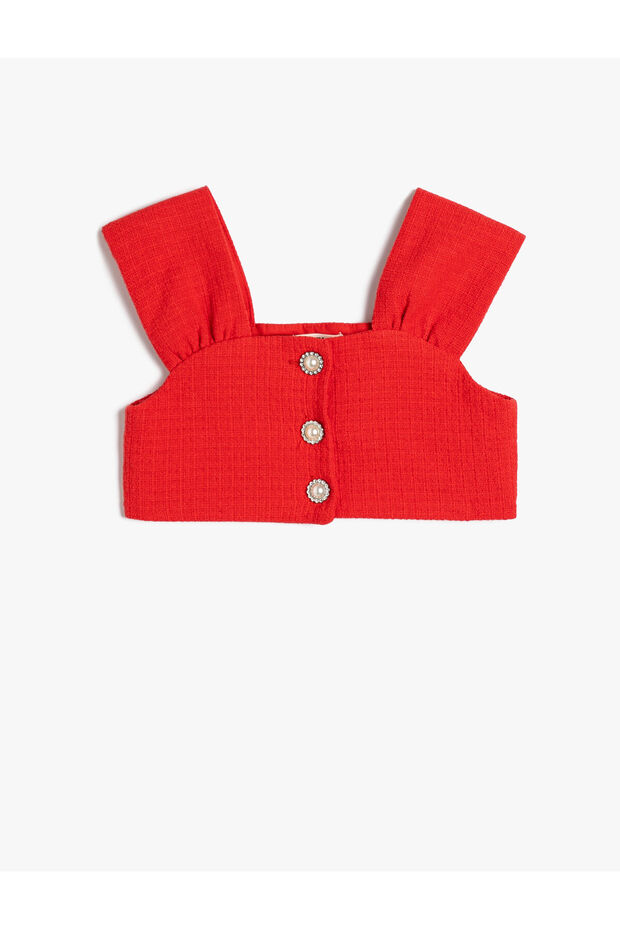 Crop Tweed Blouse Button Detailed Sleeveless Cotton
