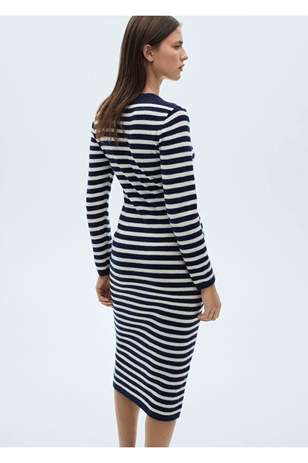 Çizgili Triko Elbise - 4