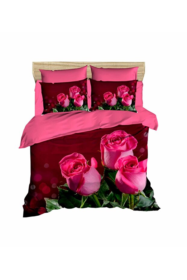 Triple Pink Rose 3D Digital Double Bed Linen Set