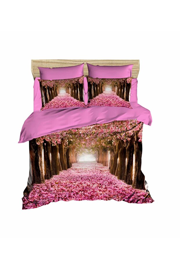 Love Road 3D Digital Double Bedding Set with Pink Tree Leaves