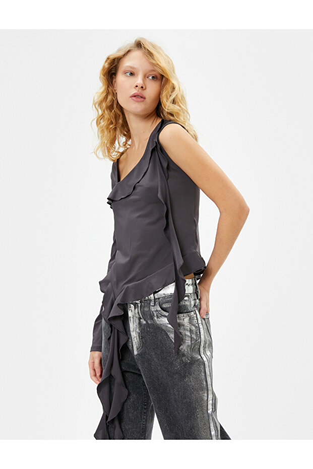 Ruffled Sleeveless Blouse Asymmetrical Cut Round Neck