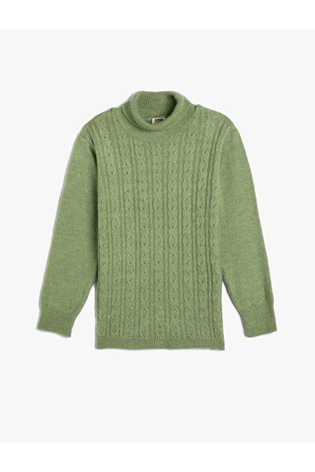 Turtleneck Sweater with Hair Braid Detail Long Sleeve Soft Textured