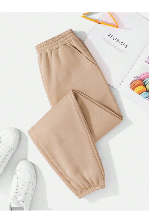 Beige Waist Elastic 3 Thread Thick Cotton Women's Jogger Sweatpants
