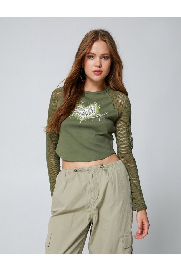 Crop T-Shirt Mesh Detailed Printed Crew Neck Cotton