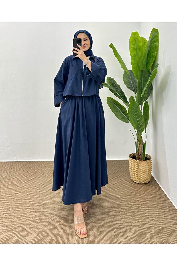 Navy Blue Skirt Set - Pocket Detailed and Zippered