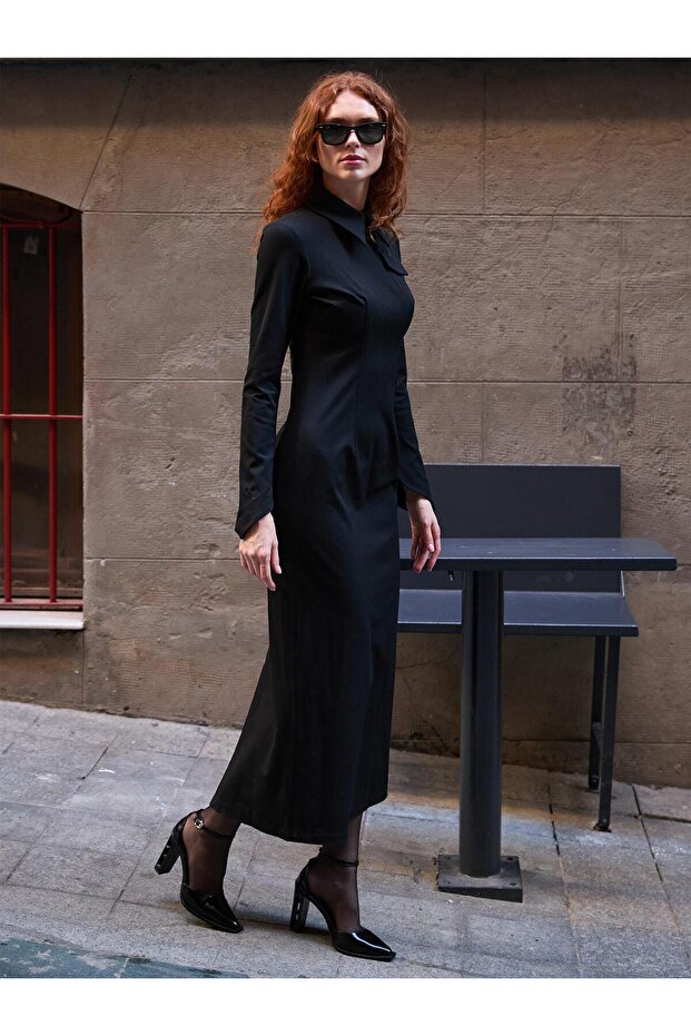 Cep Kapak Detaylı Uzun Elbise Siyah - 3