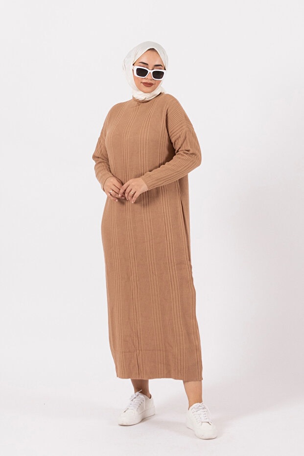 Meva Fitilli Triko Elbise Camel - 2