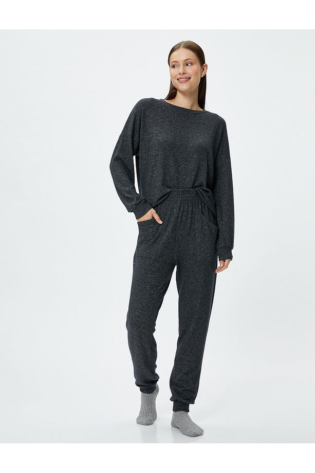 Pijama Üstü Bisiklet Yaka Uzun Kollu Viskon Karışımlı - 2