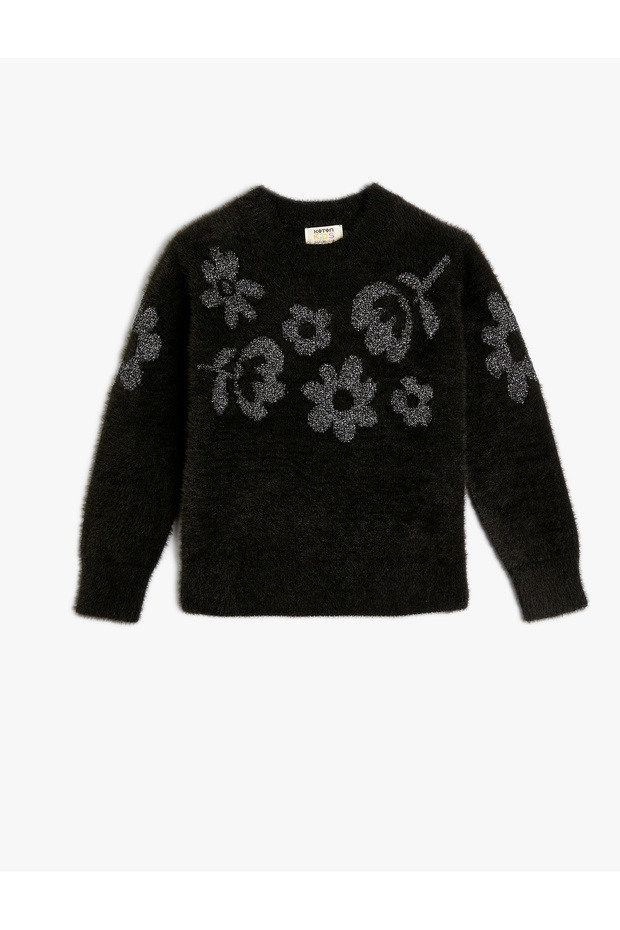 Plush Sweater with Floral Pattern, Long Sleeves, Crew Neck
