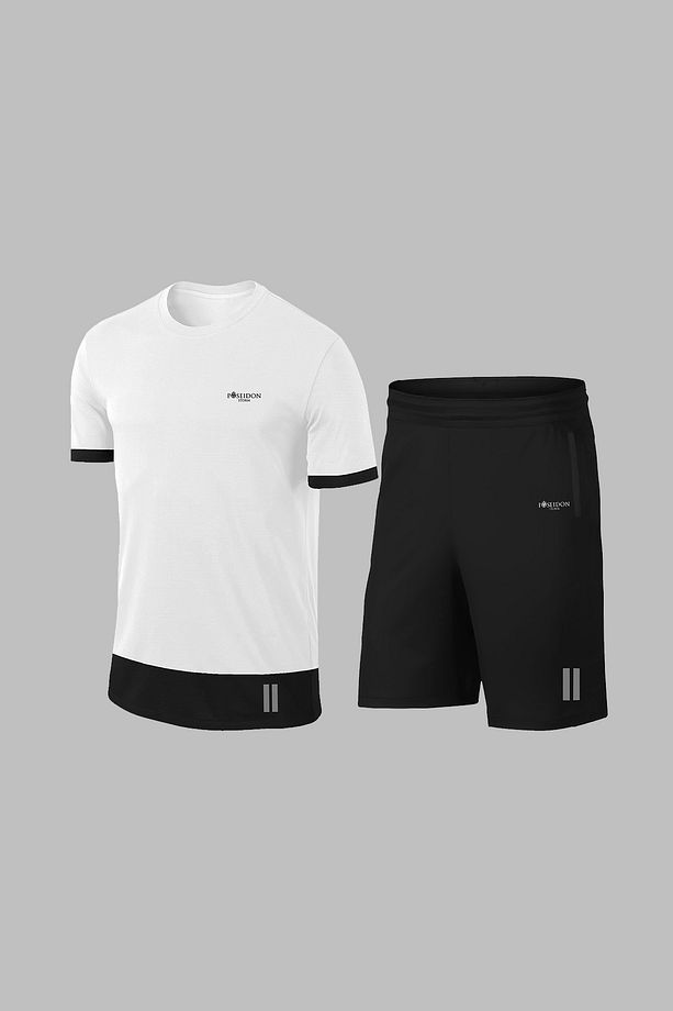 Erkek Beyaz Dri-fit Kumaş Baskısız Yuvarlak Yaka Kısa Kol Regular Tişört Şort Set (S-3XL) - 1