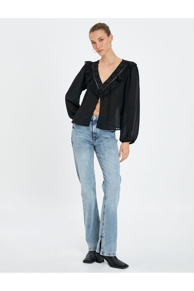 Chiffon Shirt Balloon Sleeve V-Neck Ruffle Buttons